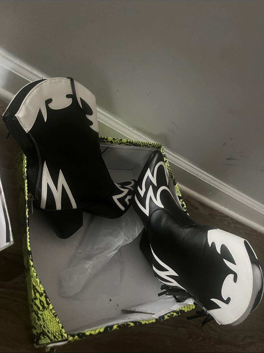 AKIRA Black and White Western-Inspired Ankle Boots